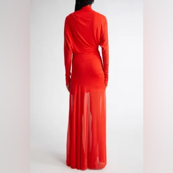 Proenza Schouler Paula Draped Jersey Turtleneck Maxi Dress Red Sheer Sz 12 - Picture 5 of 17